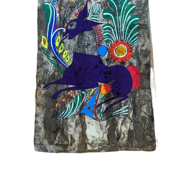 Mexican Folk Art Fancy Bird Painting in Burlap Embroidered Textile Art Panels - Picture 3 of 10